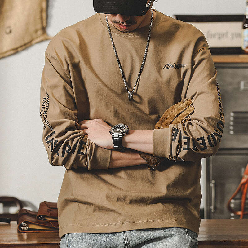 American heavyweight T-shirt, men's long-sleeved, autumn trendy brand, Instagram casual, pure cotton shirt, mountain style men's clothing, t