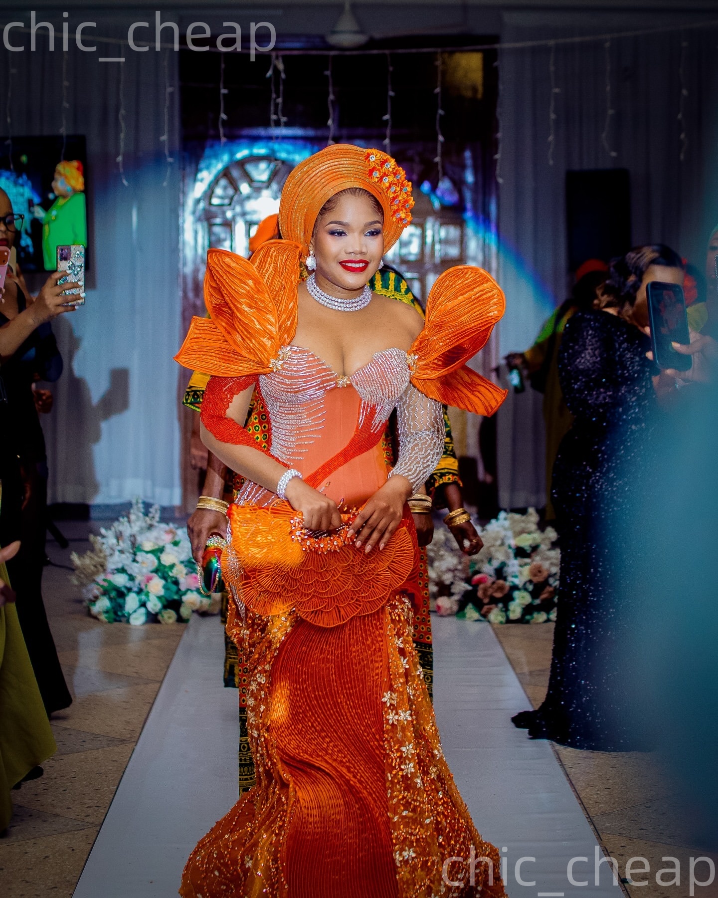Aso Ebi Orange Nigerian Mermaid Prom Dresses 2026 Pearls Crystals Florals Evening Formal Party Second Birthday Engagement Gowns Dress For Special Occa