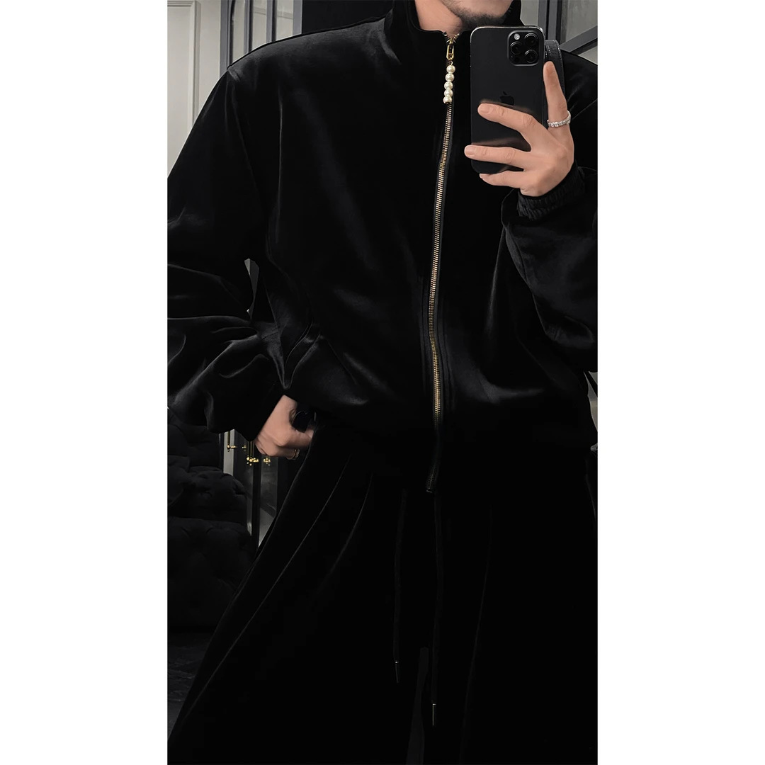 Autumn HighEnd Velvet Stand Collar Jacket Set for Men Light Simple Loose Casual Coat and Pants 241204