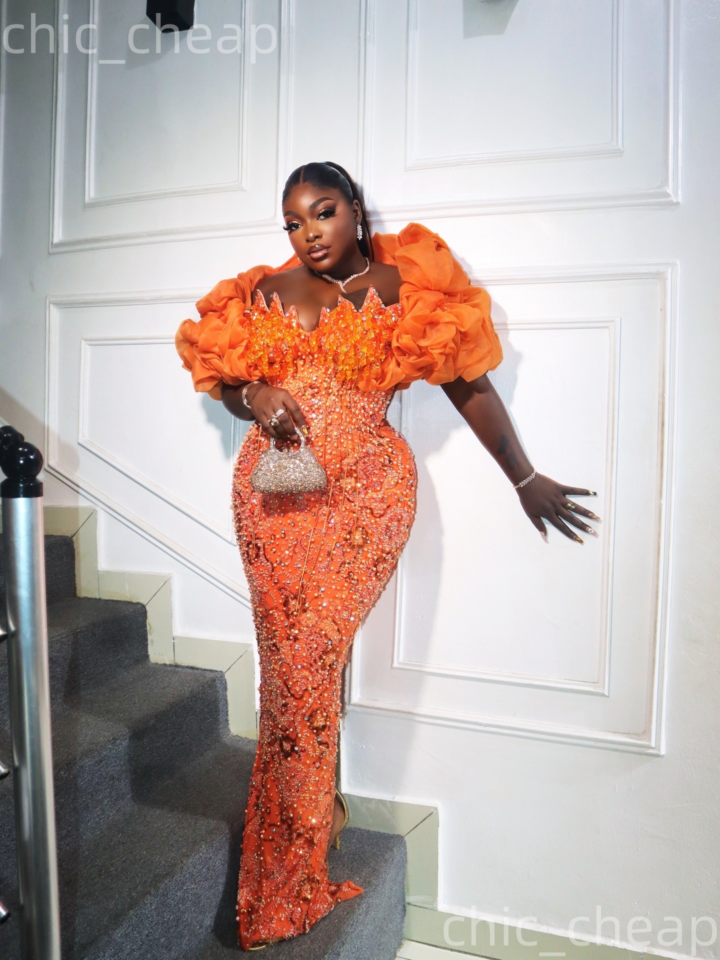 Aso Ebi Orange Sheath Prom Dresses 2026 Crystals Pearls Portrait Sequined Evening Formal Party Second Birthday Engagement Gowns Dress For Special Occa