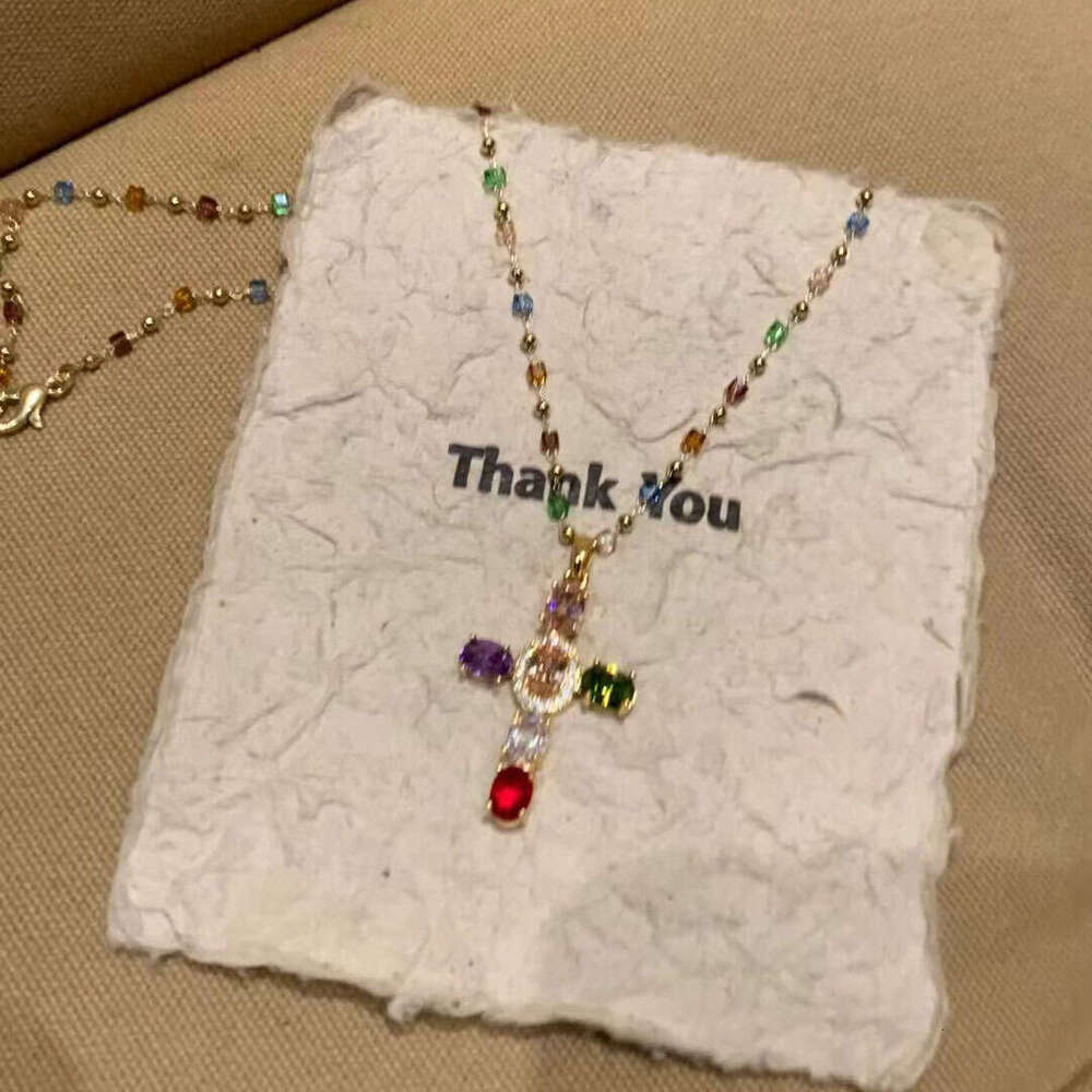 Cross-Border Colorful Cross Contrast Color Crystal Necklace for Women, Niche Design, Ins Style, Elegant Super Shiny Zircon Collarbone Chain