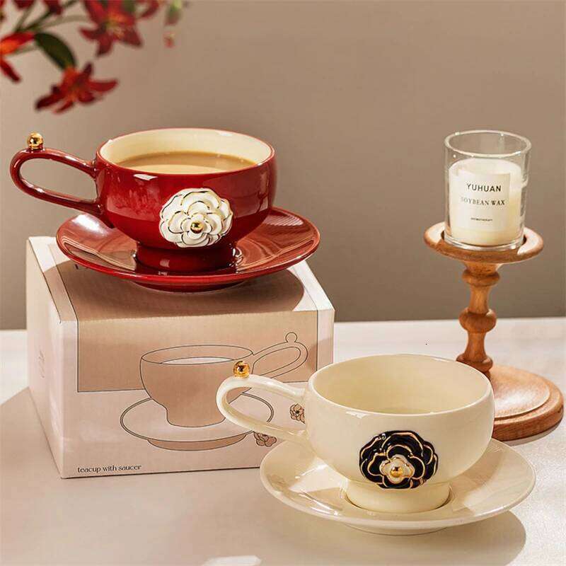 High-Grade Exquisite 2025 New Three-Dimensional Camellia Coffee Saucer Ceramic Cup Red White Black Suit 280ML