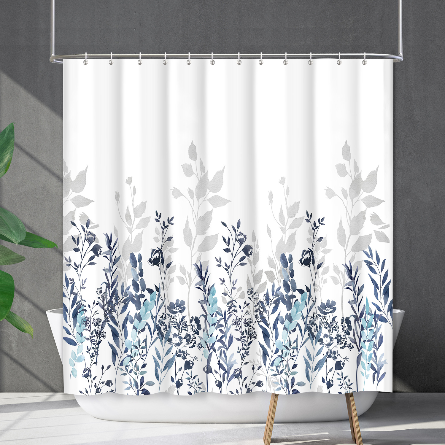 YL-38204 Waterproof Shower Curtain Set with Floral and Plant Designs, Shower Covering Curtain, No Drill Required