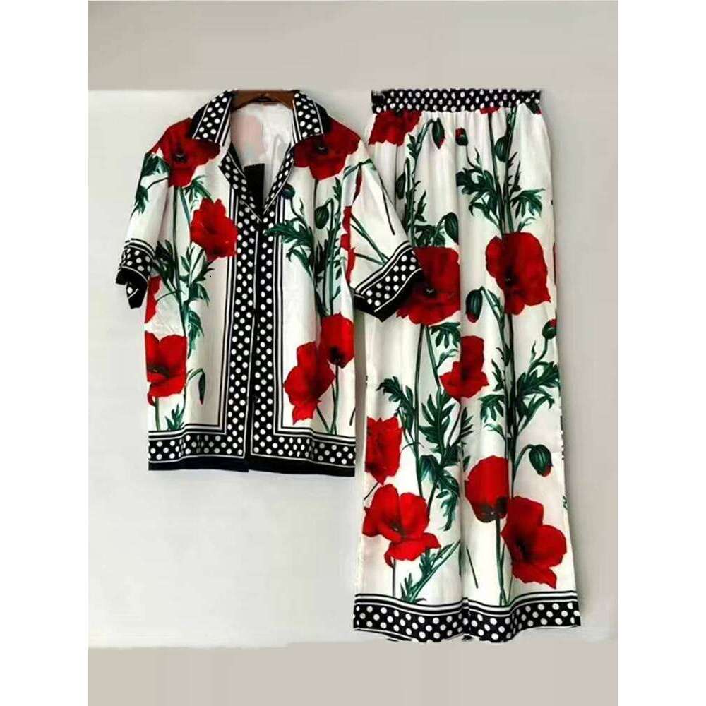 Designer's Retro Geometric Print Straight-Leg Pajama Shirt Two-Piece For Summer Women's Wear + Loose Wide-Leg Pants Set