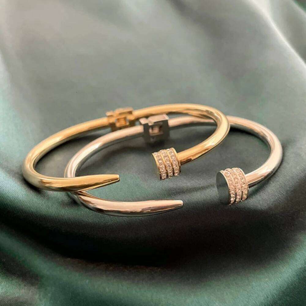 Fashion Stainless Steel Nail Studded Zirconia Open Women Men Golden Couple Holiday Gift Bracelet Party Daily Jewelry Z260123