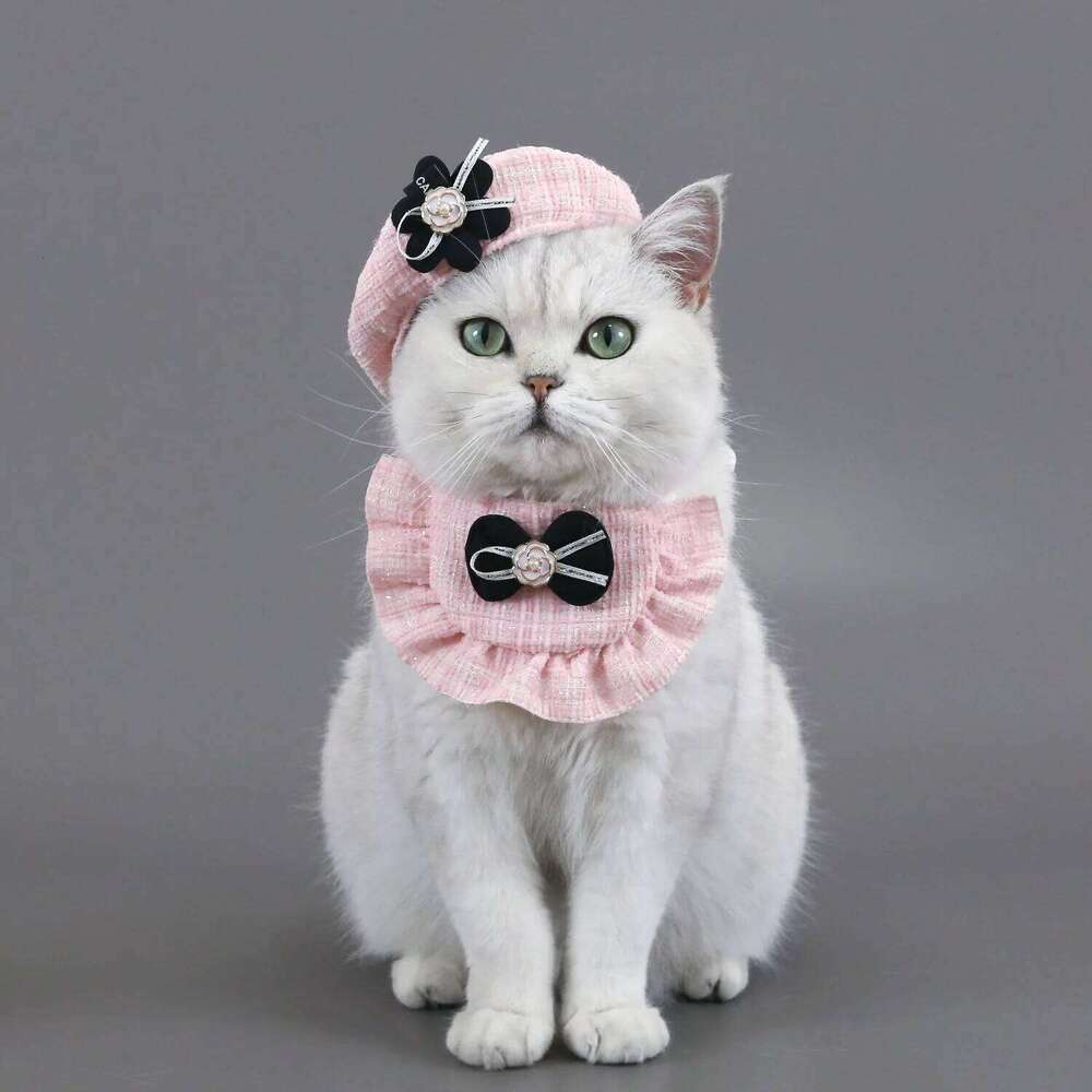 Small Floral-style Pet Set For Cats And Dogs, Including A Bib, Knitted Hat With Camellia Buds, Bowknot, And Lace Trimming