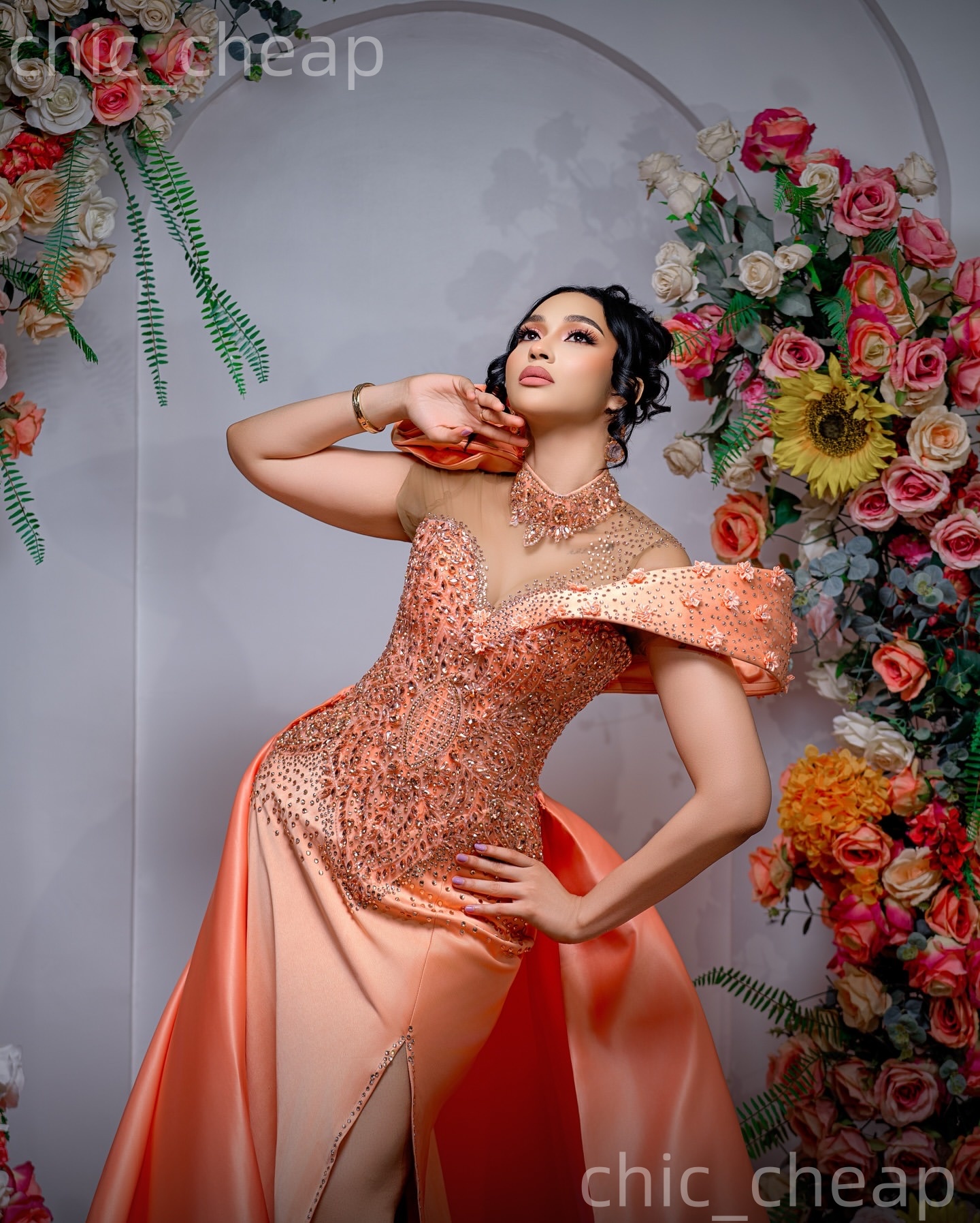 Aso Ebi Coral Sheath Prom Dresses 2026 Flowers Crystals Satin Detachable Train Evening Formal Party Second Birthday Reception Gowns Dress For Special 