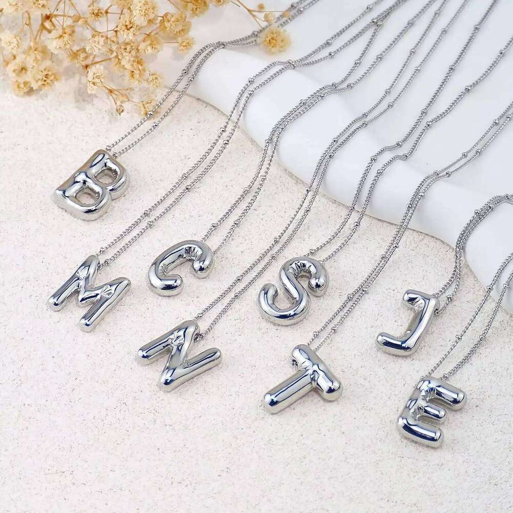 Party Balloon Bubble Alphabet Letter Pendant Necklaces for Women Silver Color Stainless Steel Initials Name Customized Jewelry Z260123