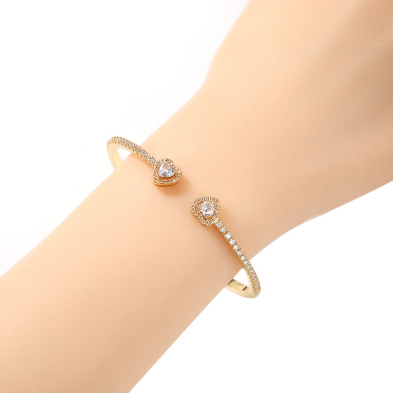 Designer Double Heart Cubic Zirconia Slim Bangle Bracelet Hip Hop Trendy Fashion Hand for Women
