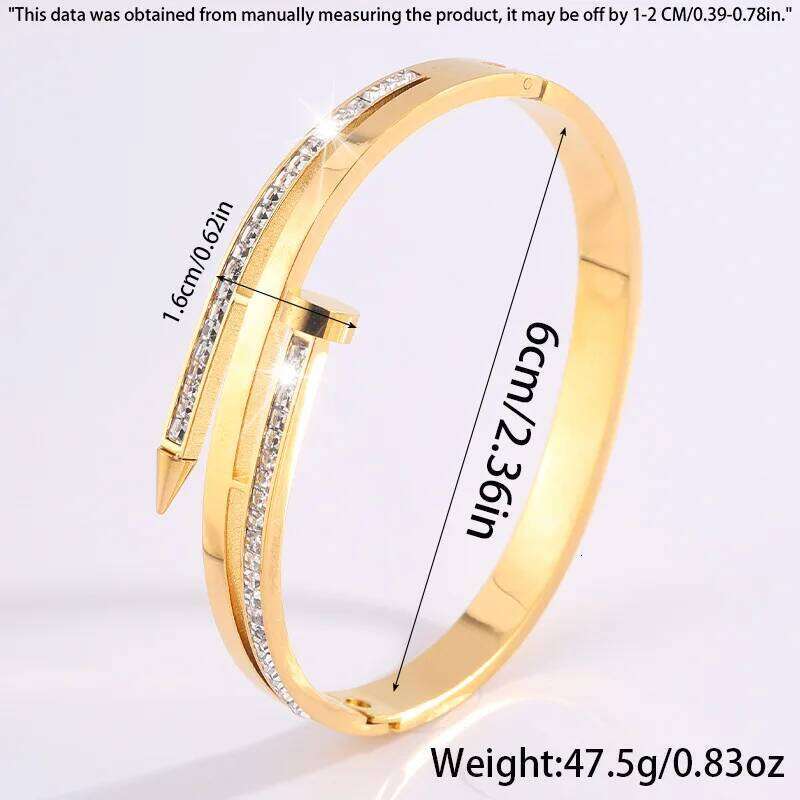 Gold Silver Stainless Steel Nail Bangle Bracelet for Women, Punk Style Cuff with CZ Crystal, Adjustable Fashion Jewelry Gifts Z260123