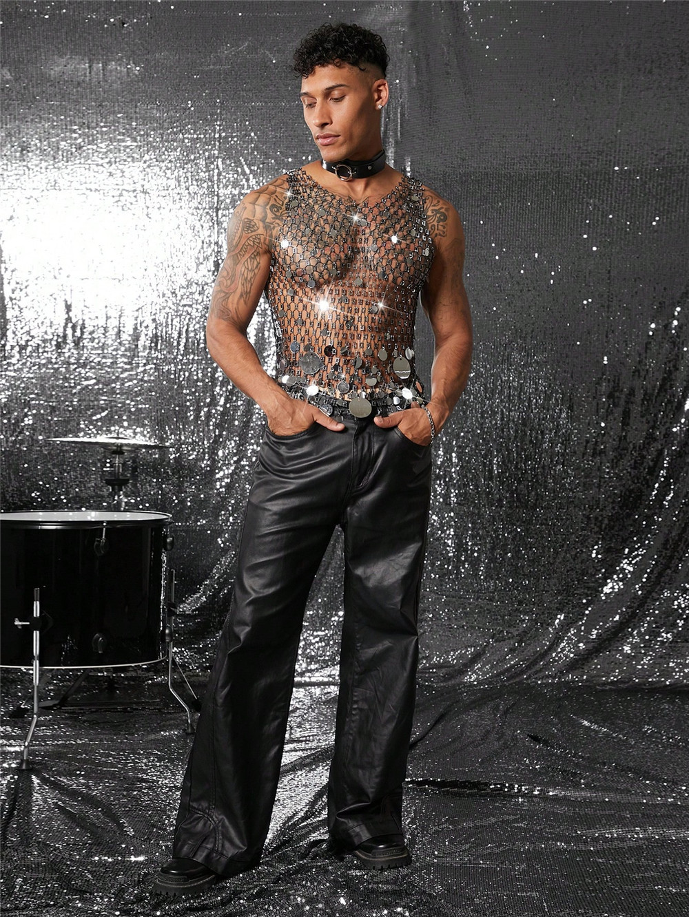 Stage Wear Heavy Duty Rhinestone Cutout Sequin Mesh Cover Up Men Sexy Club Party Sleeveless Tank Top