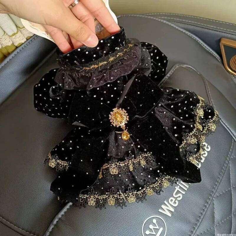 Pet Clothing, Small Floral-style Dress, Velvet Material, Cat And Dog Clothing, Aristocratic Style, Black And Gold Accessories, Formal Dress Skirt