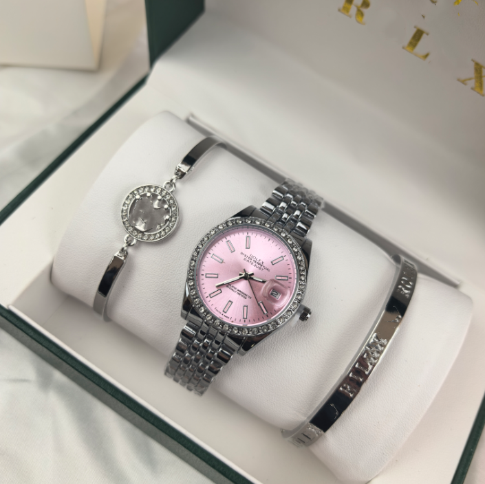 new3-piece set of 5-piece watch luxury designer high-quality women's pink dial hollow strap fashionable gold bracelet quartz watch student women's watch Reloj Mujer a67