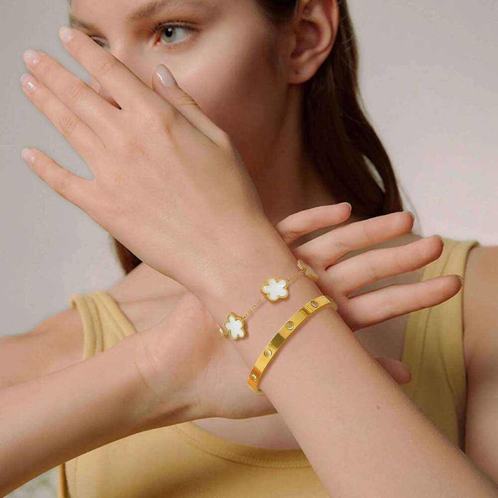 Exquisite Five Flower Bracelet Set for Women, Luxury Stainless Steel Zircon Openable Bangle, Classic Fashion Jewelry Gift Clover Z260123