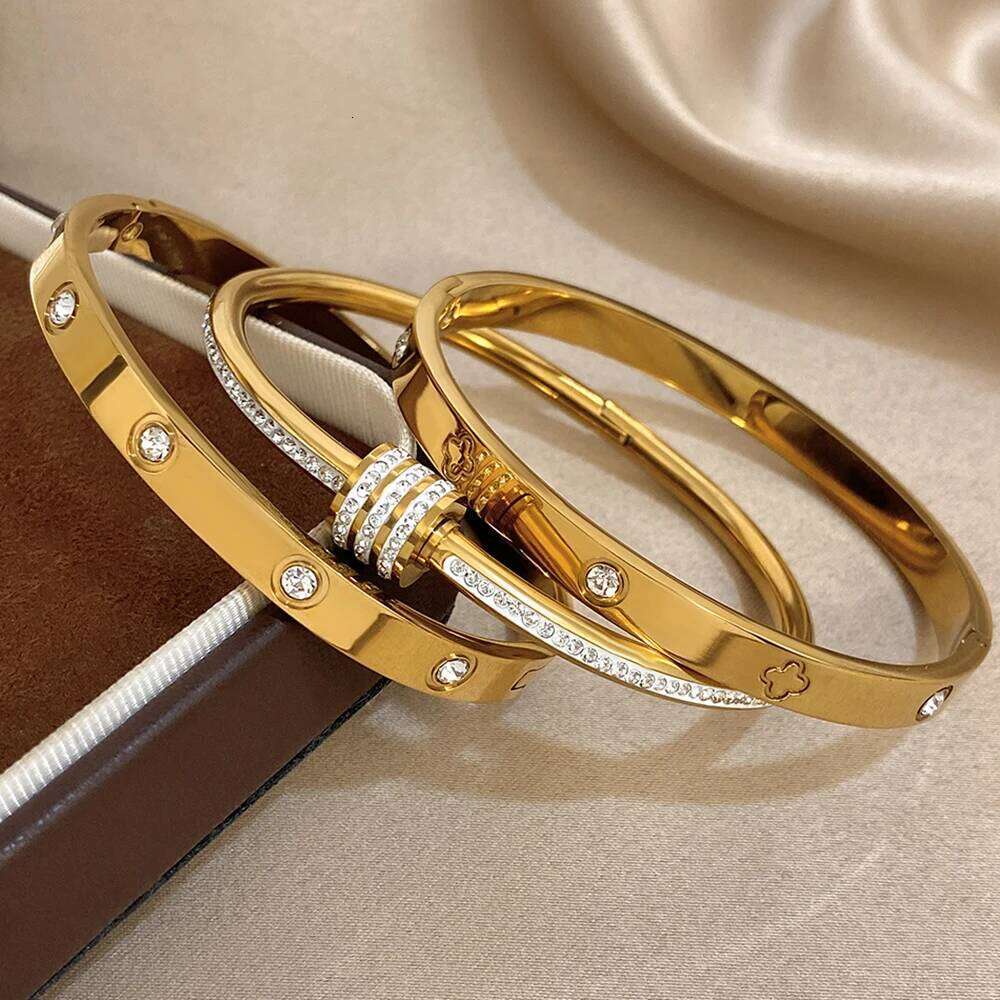 Luxury Stainless Steel Cuff Bangle for Women Men Brand Inlaid Zircon Gold-Plated Lucky Beads Bracelets Bangles Wrist Jewelry Z260123