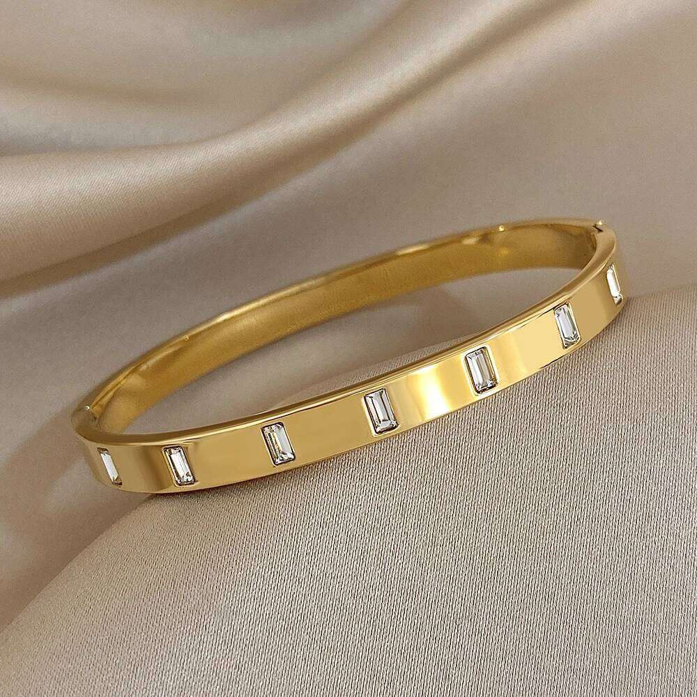 Luxury Inlaid Square Zircon Cuff Bangle Bracelets for Women Trendy Waterproof Gold Silver Color Stainless Steel Stacked Bracelet Z260123