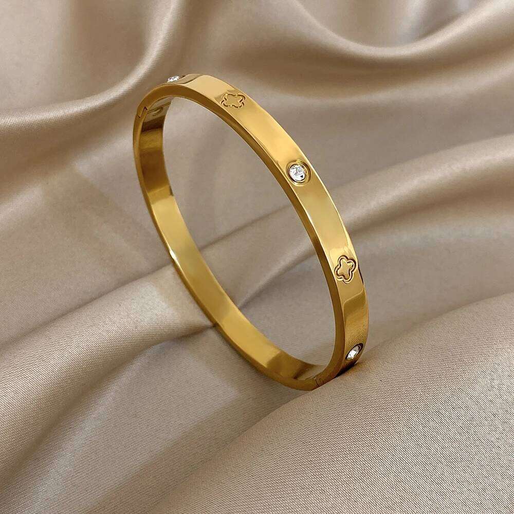 Luxury Stackable Zircon Stainless Steel Cuff Bracelet Women Simple Round Geometry Gold Color Spring Bangle Party Jewelry Gift Z260123
