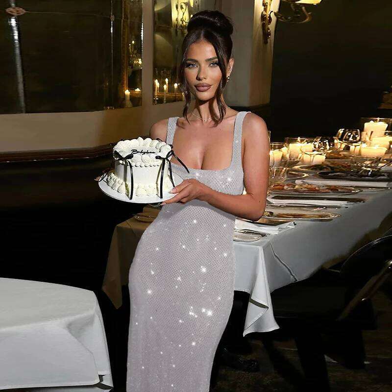 New Summer Sexy Sling Party Grey Glitter Back-length Long Ladies Dress Evening Dresses Female Clothing C260123