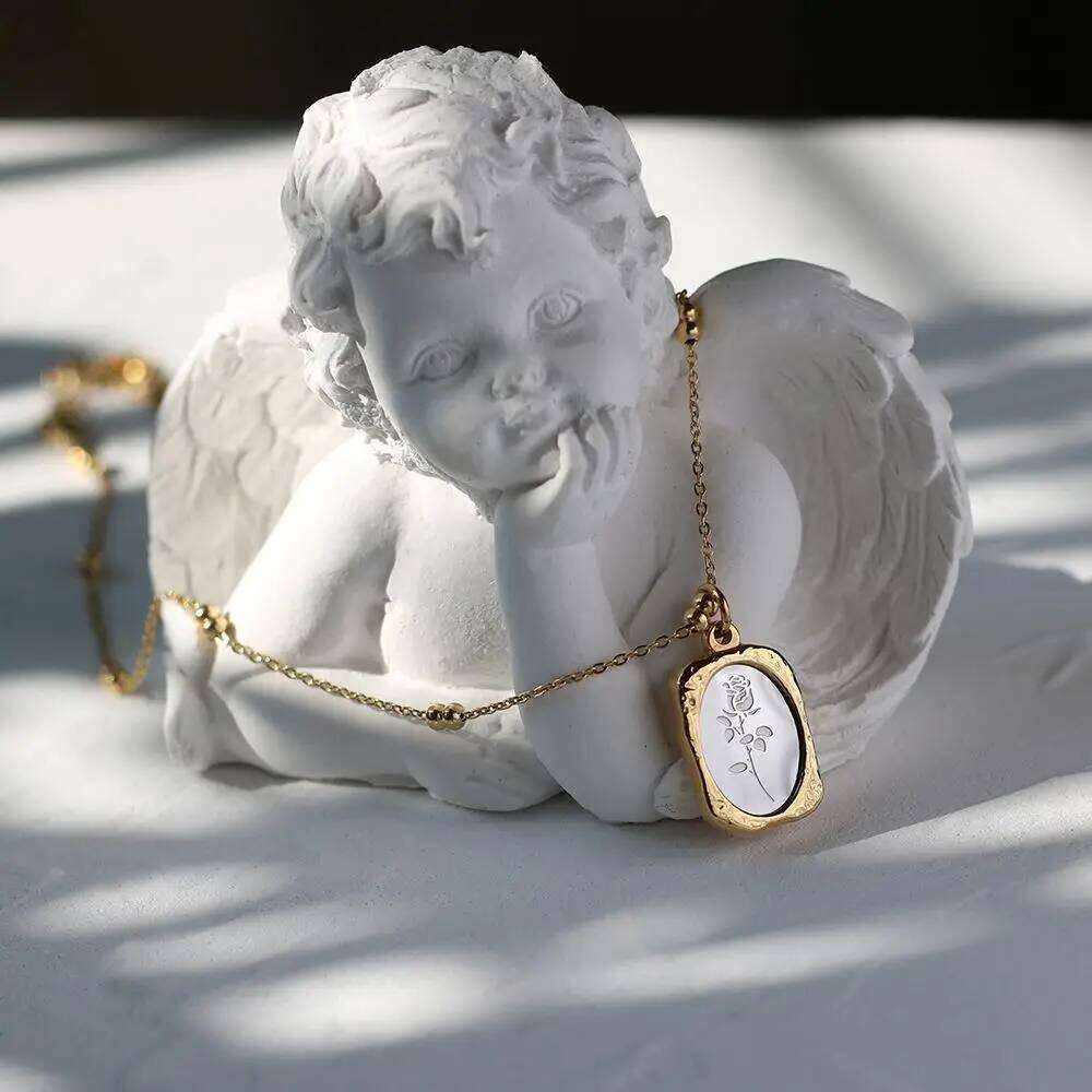 Stainless Steel Mirror Pendant Necklace For Women Gold Color Rose Flower Charm Neck Chain Party Retro Temperament Jewelry Z260123