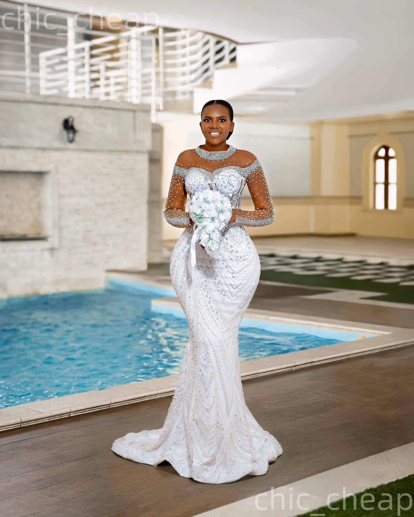African Aso Ebi 2026 White Mermaid Wedding Dress Crystals Beaded Sheer Neck Sequined Detachable Train Luxurious Bridal Gowns Dresses ZJ2371