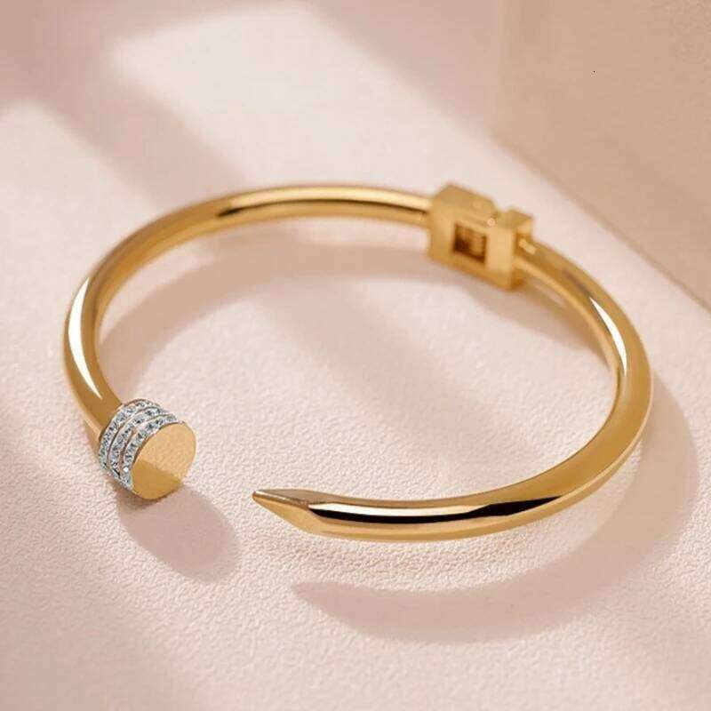 Fashion Stainless Steel Nail Studded Zirconia Open Women Men Golden Couple Holiday Gift Bracelet Party Daily Jewelry Z260123