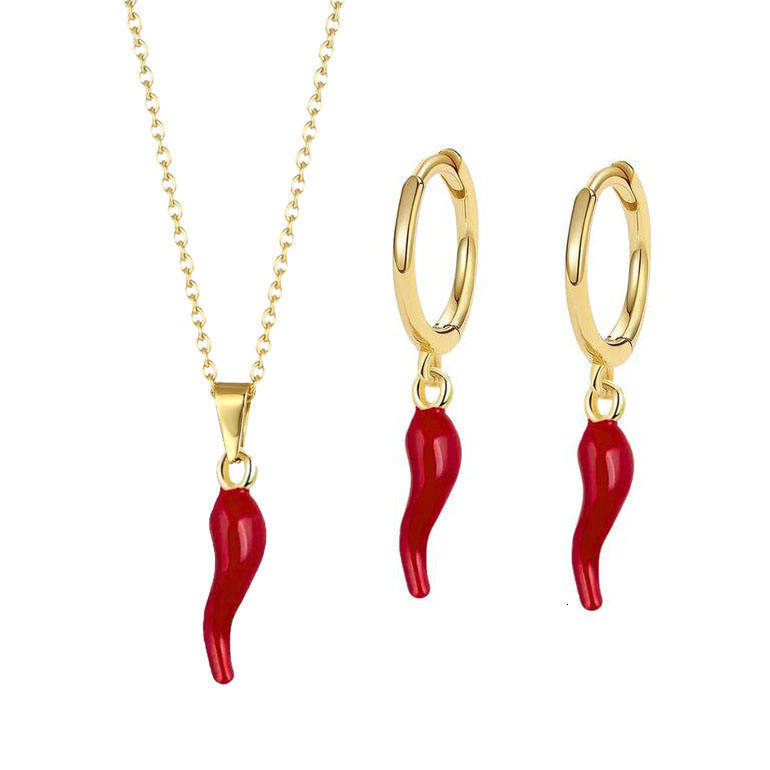 Necklace for Men and Women Gold-Plated Oil-Drip Alloy Red Pepper Pendant Earrings Stainless Steel Collarbone Chain Accessories