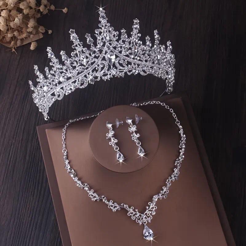 Bridal Headwear Jewelry Set - Silver Crystal Rhinestone Tiara Necklace Earrings - Wedding 4-Piece Water Drop Design