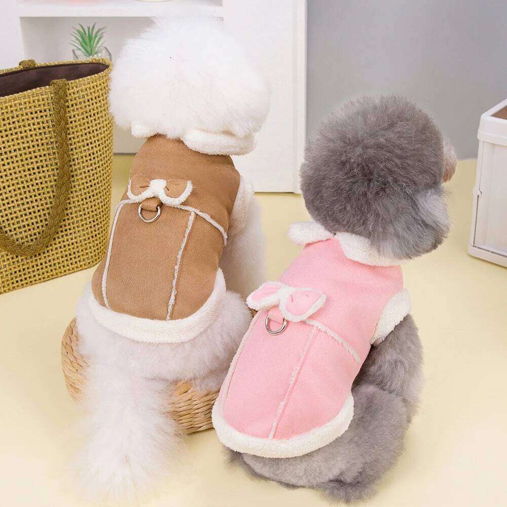 Dog Jacket With Bowknot Decoration, Winter Composite Fabric, Plush Pet Clothing With Traction Ring, Cotton Jacket