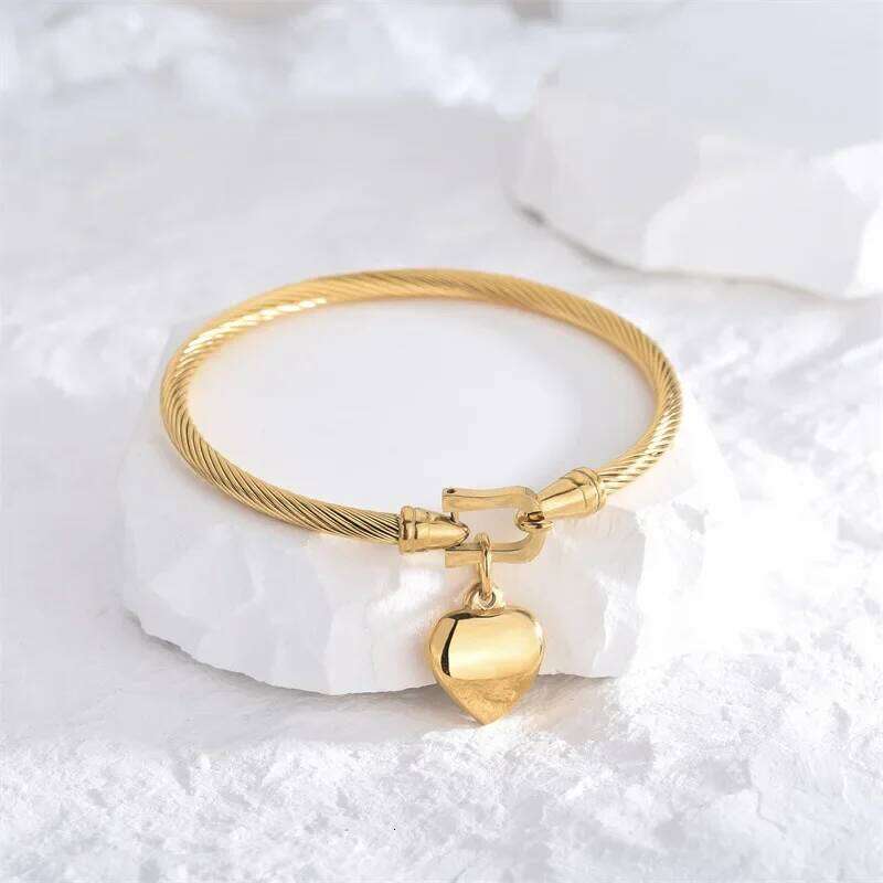 18k Gold Color Stainless Steel Heart Pendant Charm Bangle Bracelets for Men Women Z260123