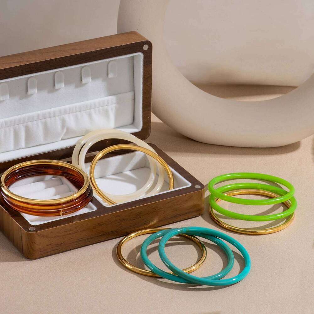 3Pcs/Set 64mm Round Circle Resin Stainless Steel Bracelet Bangle Set Amber Color Acrylic Wrist Trend Jewelry Z260123