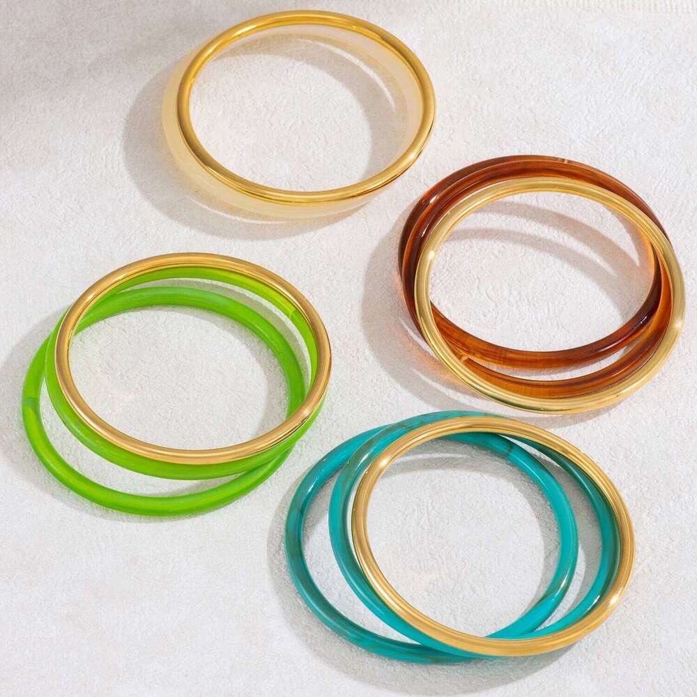 3Pcs/Set 64mm Round Circle Resin Stainless Steel Bracelet Bangle Set Amber Color Acrylic Wrist Trend Jewelry Z260123