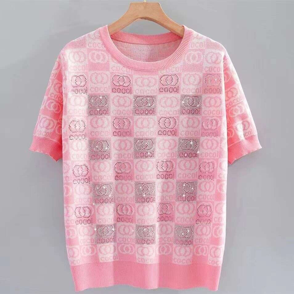 Summer Thin Knitted Short Sleeve T-Shirt For Women, Niche Jacquard Design, European Style, Heavy Embroidery, Rhinestone, Ice Silk Plaid Top Xing Zhigu
