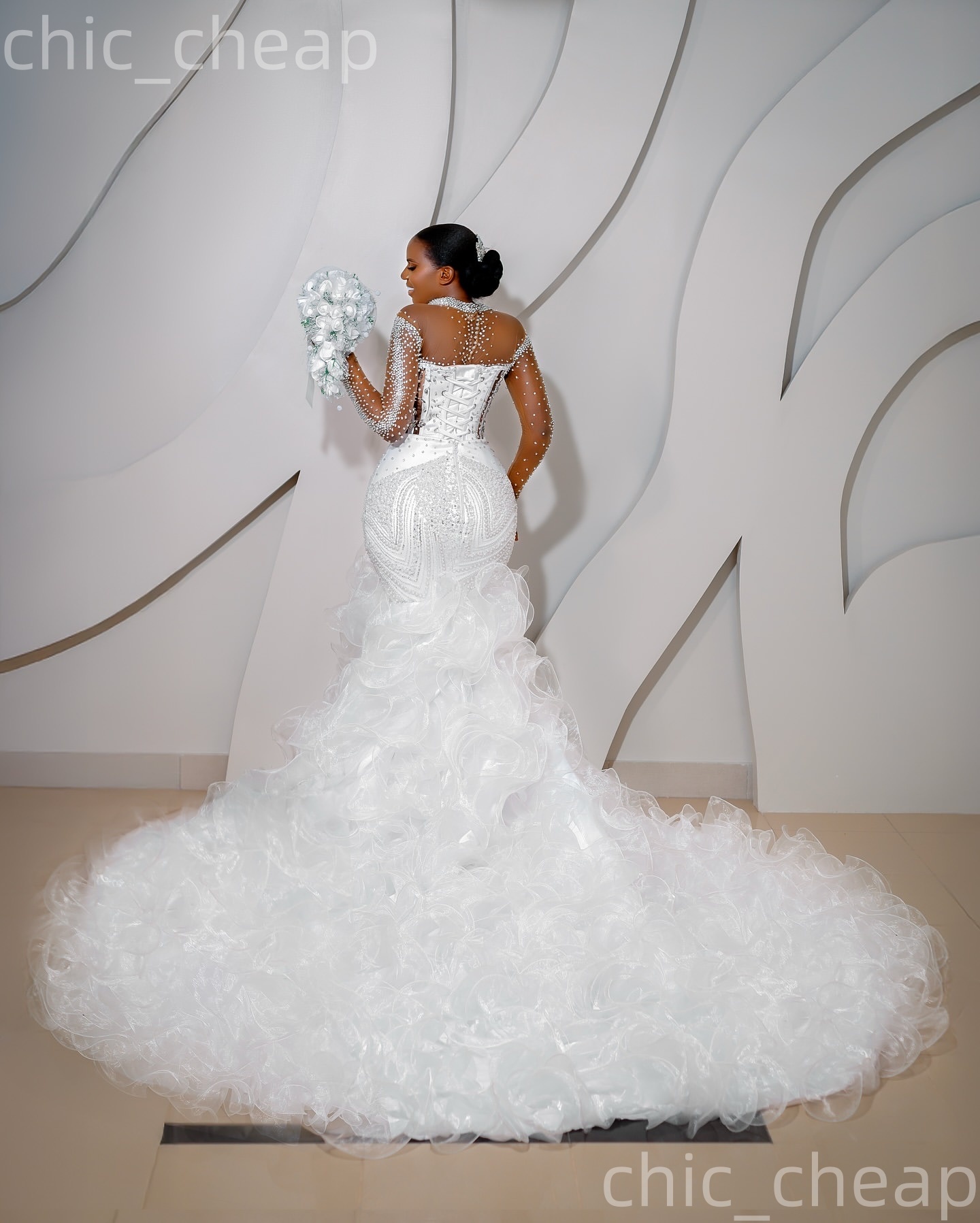 African Aso Ebi 2026 White Mermaid Wedding Dress Crystals Beaded Sheer Neck Sequined Detachable Train Luxurious Bridal Gowns Dresses ZJ2371