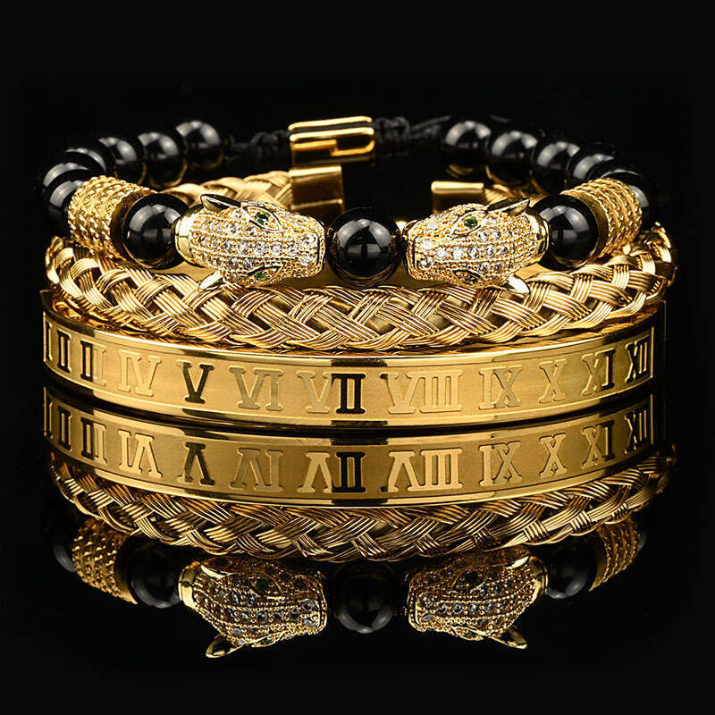 Micro-Inlaid Zircon Double Leopard Head Shiny Black Bead Braided Bracelet Stainless Steel Roman Bangle