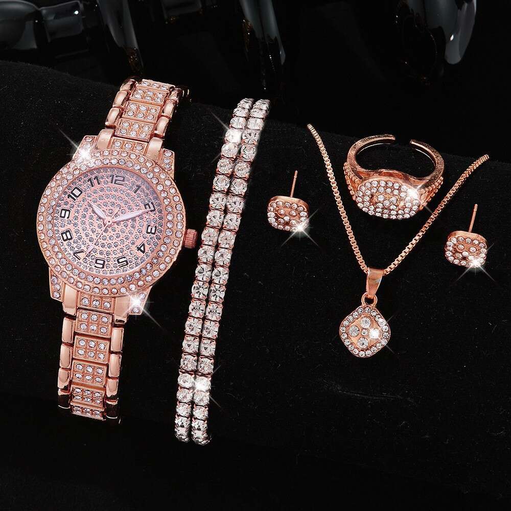 Full Diamond Roman Numeral Steel Band Starry Sky Elegant Business Quartz Women's Watch Jewelry Set