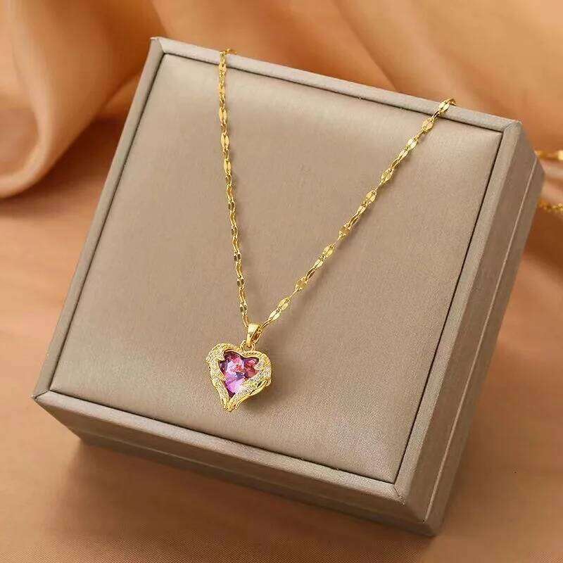 Super Luxury Colorful Crystal Ocean Heart Necklaces For Women Korean Fashion Stainless Steel Jewelry Female Wedding Accessories Z260123