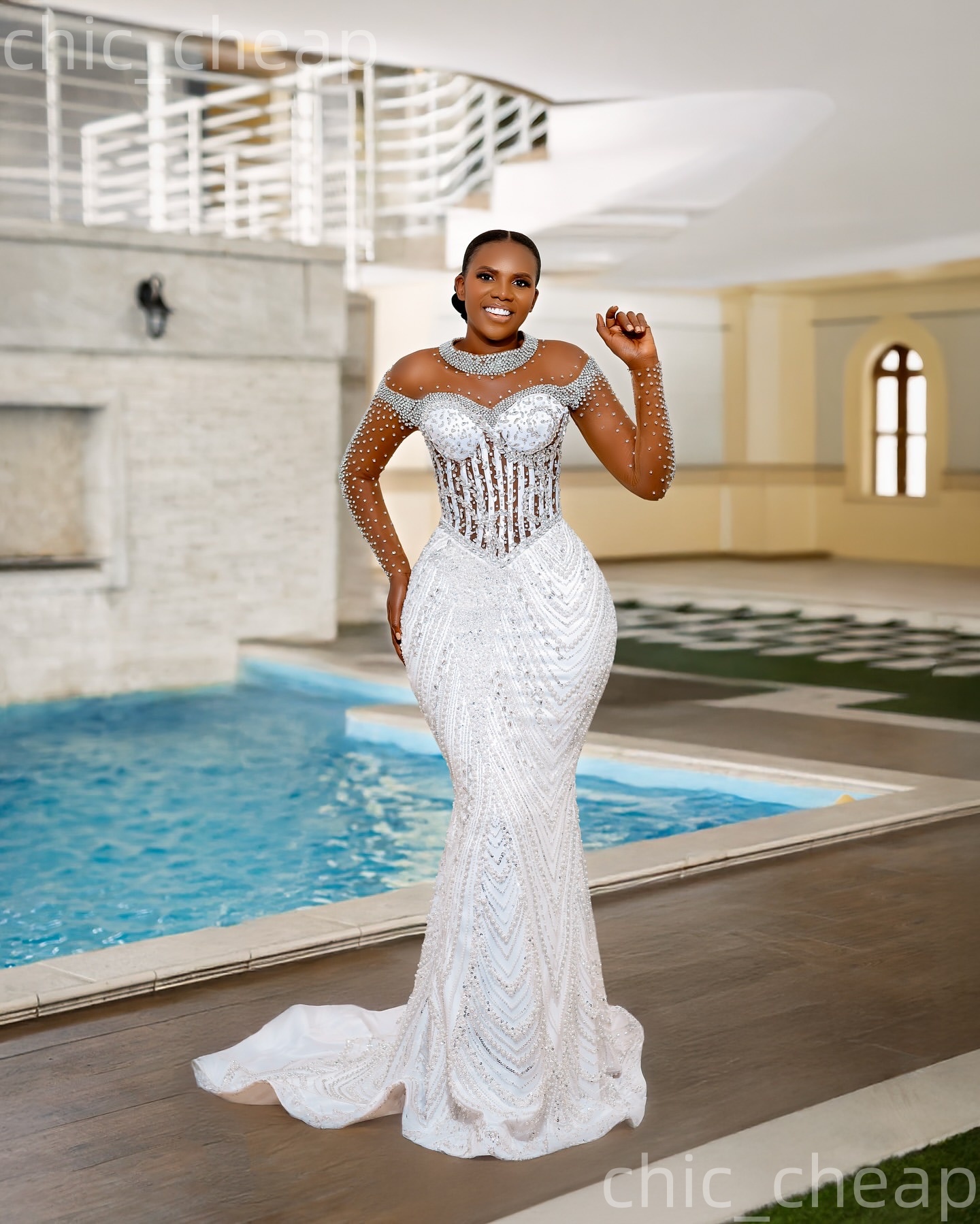 African Aso Ebi 2026 White Mermaid Wedding Dress Crystals Beaded Sheer Neck Sequined Detachable Train Luxurious Bridal Gowns Dresses ZJ2371