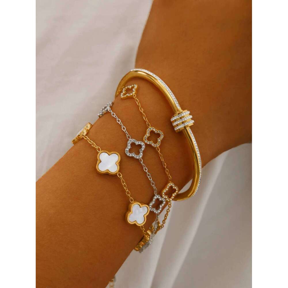 Korean Light Luxury Senior Stainless Steel With Diamonds Circle, Clover, Hollow Flower Bracelet Female Z260123