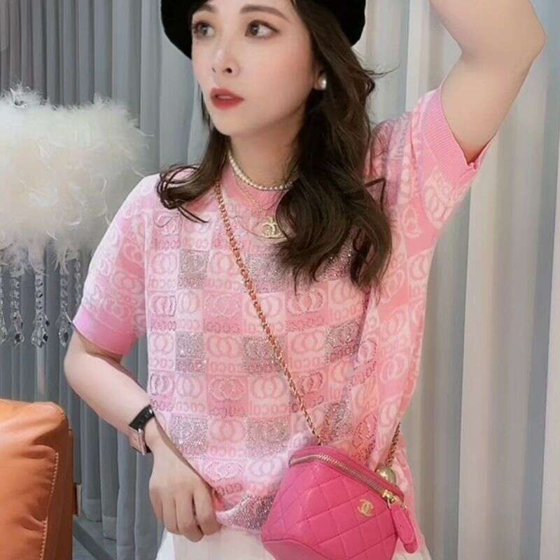 Summer Thin Knitted Short Sleeve T-Shirt For Women, Niche Jacquard Design, European Style, Heavy Embroidery, Rhinestone, Ice Silk Plaid Top Xing Zhigu