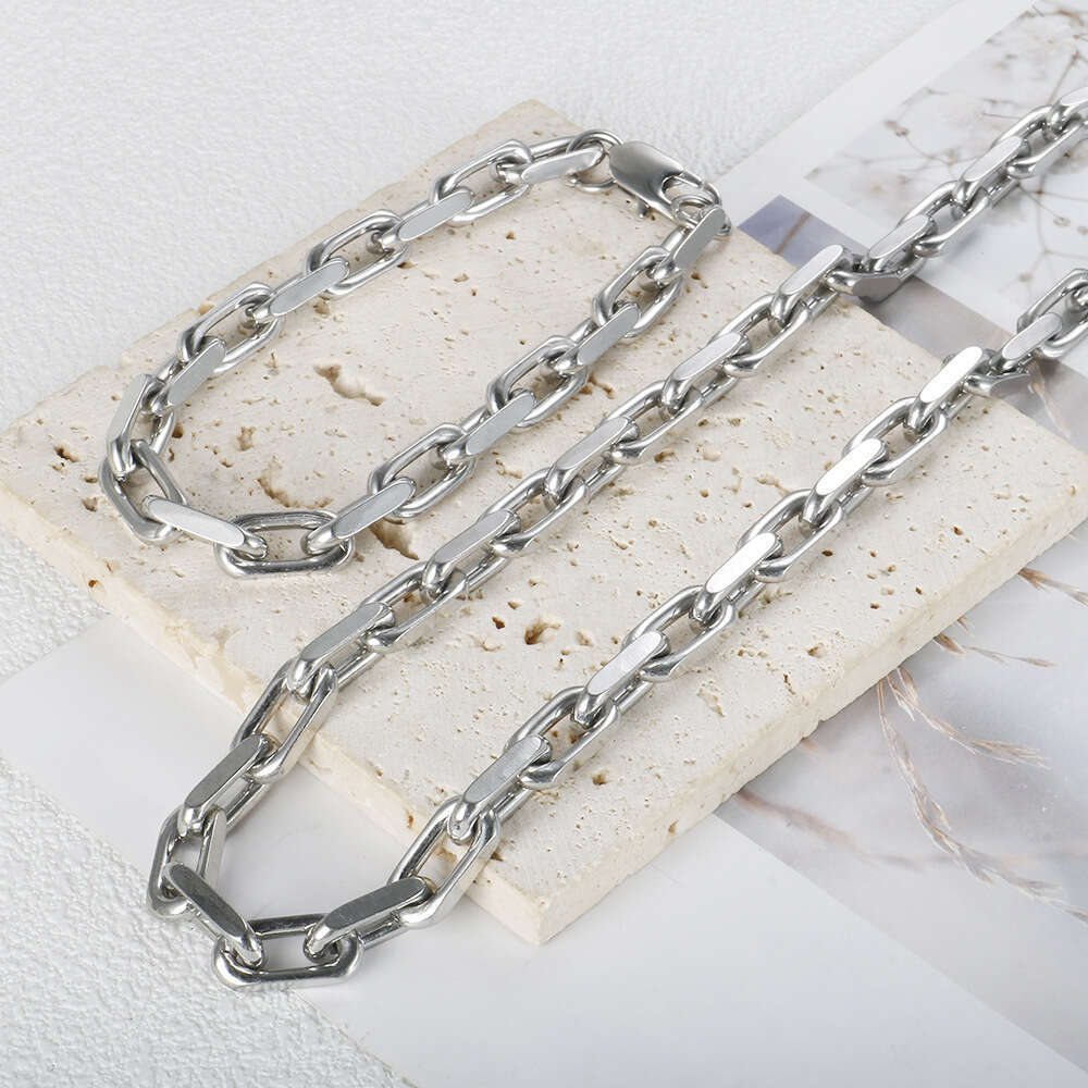 Classic Fashion Cuban Thick Chain Square Batch Corner Splicing Necklace Personality Trend Bracelet Stainless Steel Jewelry Set