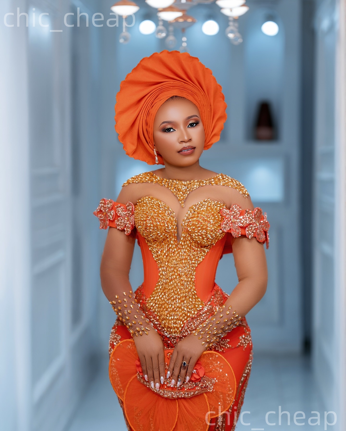 Aso Ebi Orange Mermaid Prom Dresses 2026 Flowers Crystals Beaded Sequined Evening Formal Party Second Birthday Reception Gowns Dress For Special Occas