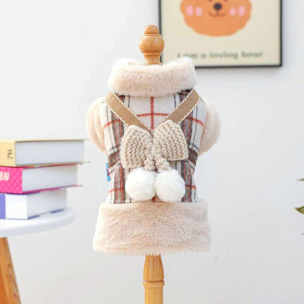 Pet jacket with bowknot decoration for cats and dogs, thickened and warm clothing for autumn and winter, providing cold protection