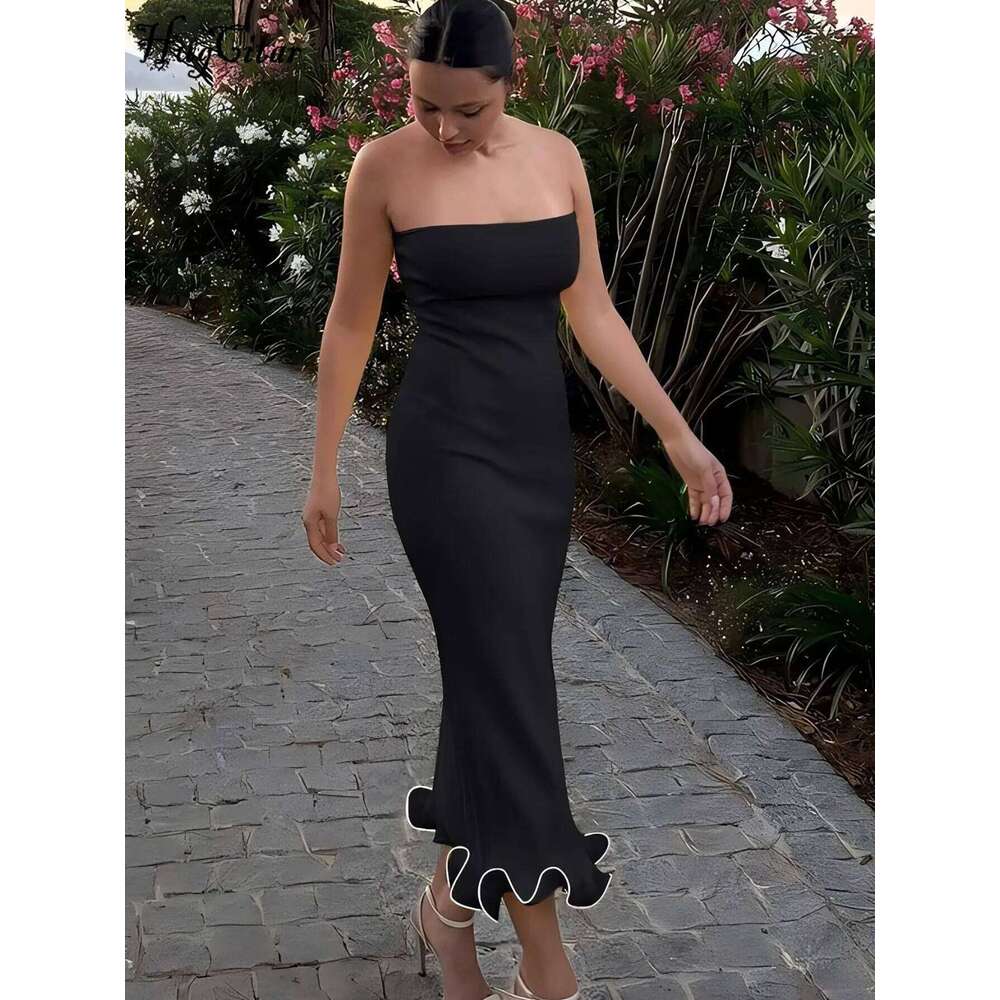 Hugcitar Elegant Solid Strapless Ruffles Sexy Bodycon Maxi Prom Dress Summer Women Fashion Y2K Outfit Birthday Party Festival C260311