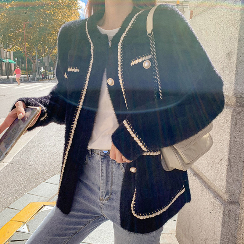 White Mink Cashmere Sweater Coat Women Autumn Winter Lazy Style Korean Retro Black Loose ONeck Knitted Cardigan Fashion Outwear 241108 ddmytues