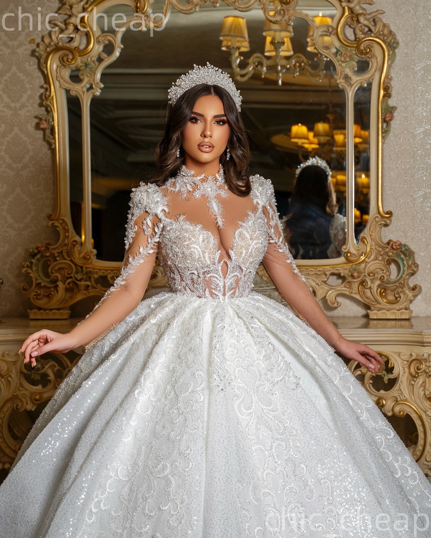 Gorgeous 2026 Ivory Ball Gown Wedding Dress Appliques Beaded Sheer Neck Full Sleeves Sequined Vintage Bridal Gowns Dresses ZJ2390