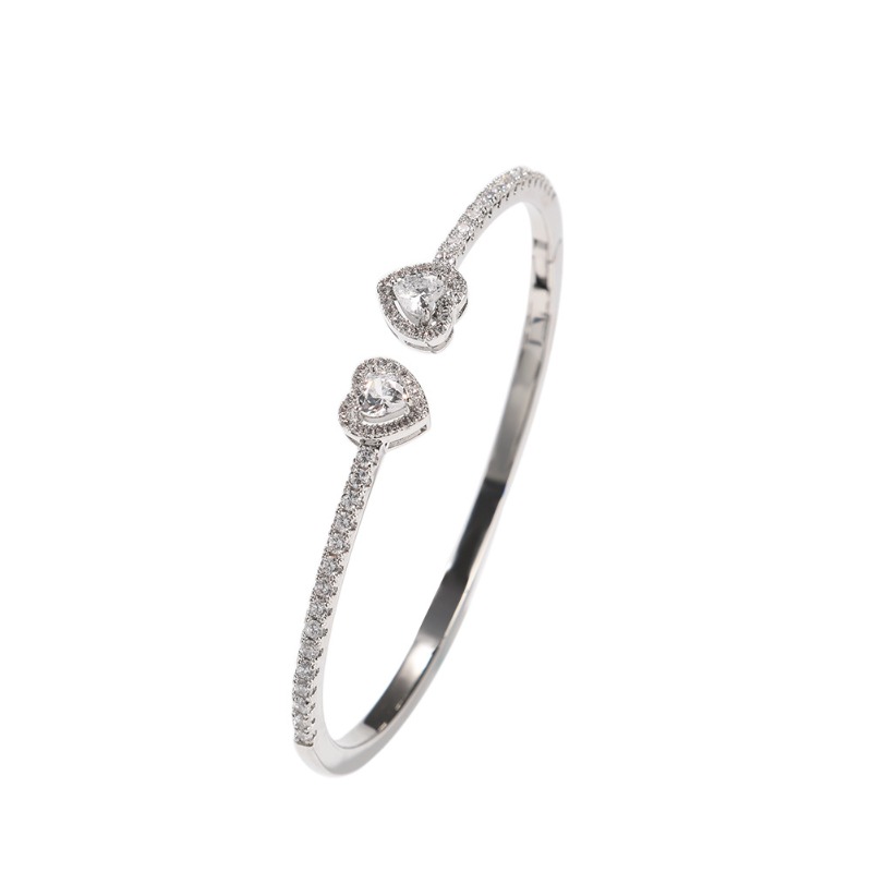 Designer Double Heart Cubic Zirconia Slim Bangle Bracelet Hip Hop Trendy Fashion Hand for Women