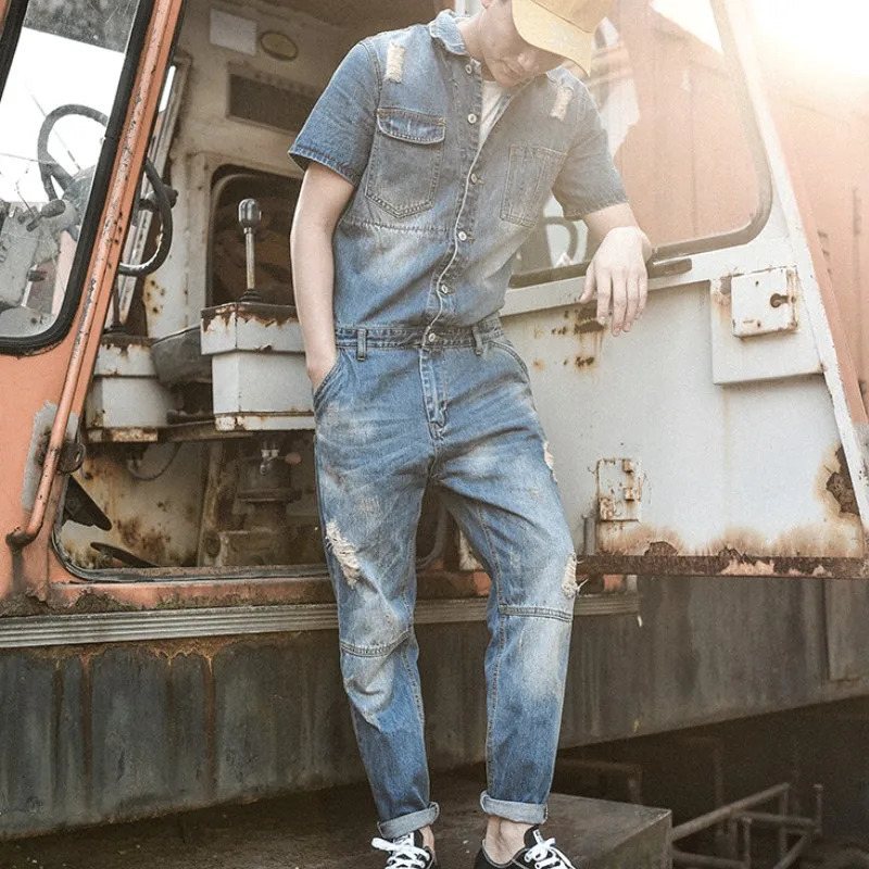 Japan Retro Mens Overalls Short Sleeved Denim Pants Casual Washed Jeans Jumpsuits Button Classic Hole Ripped Trousers 260120