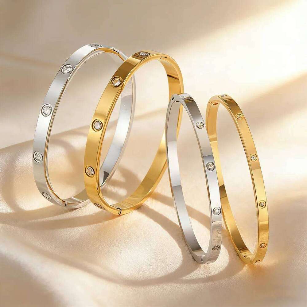Fashion Gold Color Cubic Zircon Bracelet for Women, Waterproof Stainless Steel Openable Bangle, Charm Luxury Jewelry Gifts Z260123