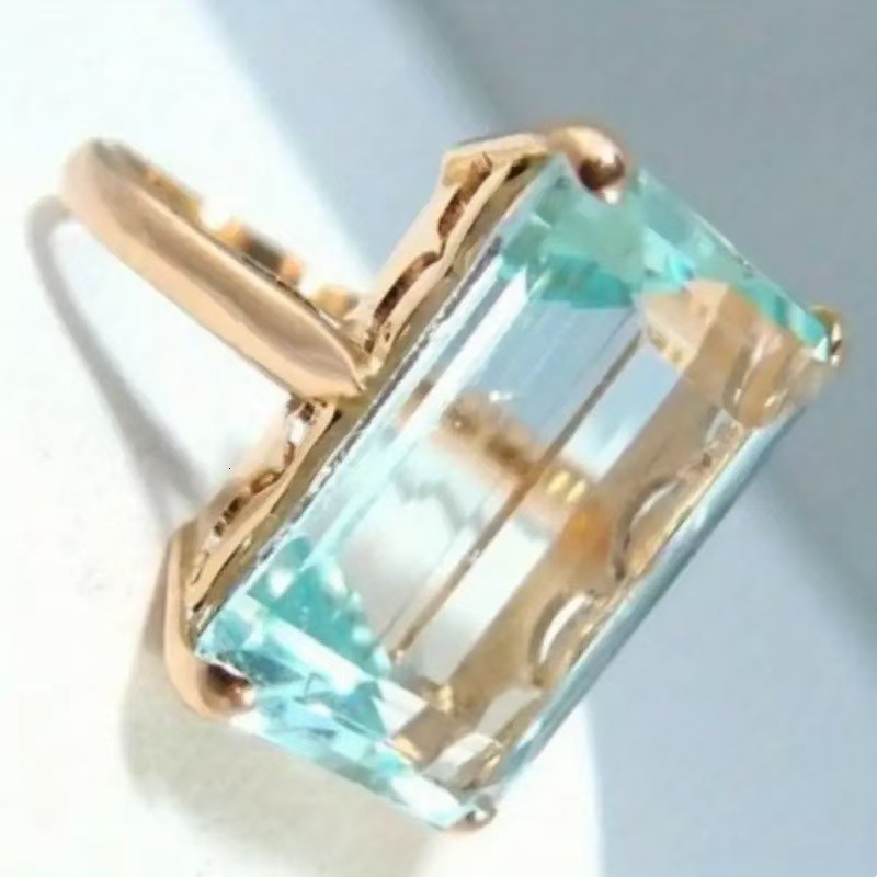 Hot Selling Style Luxury Imitation Sea Blue Topaz Square Diamond Exaggerated Light Luxury Personality Ring Jewelry
