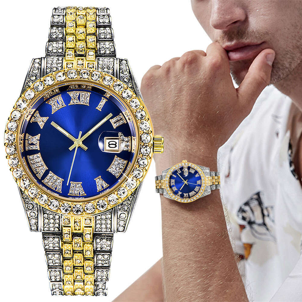 2PES/Set Luxury Fashion Set with Diamonds, European and American Hip-Hop Trendy Cool Men's Watch